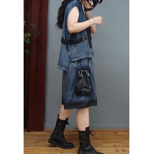 Short Sleeves Hooded Denim Pullover with Wide Leg Shorts