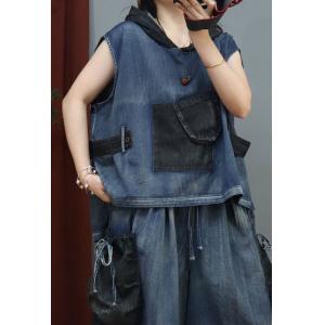 Short Sleeves Hooded Denim Pullover with Wide Leg Shorts