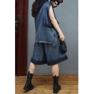 Short Sleeves Hooded Denim Pullover with Wide Leg Shorts