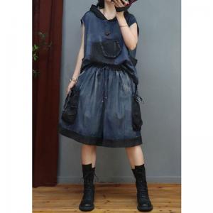 Short Sleeves Hooded Denim Pullover with Wide Leg Shorts