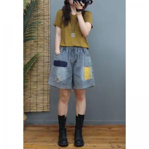 Colorful Patchwork Wide Leg Shorts Womens Ripped Jorts