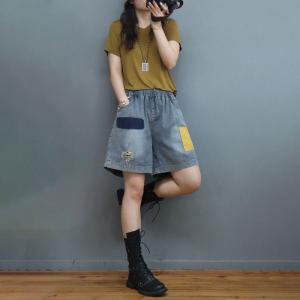 Colorful Patchwork Wide Leg Shorts Womens Ripped Jorts