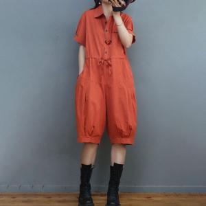 Drawstring Waist Cotton Polo Jumpsuits Ladies Cropped Jumpsuits