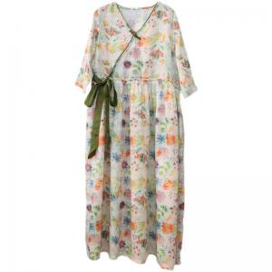 V Neck Ramie Floral Qipao Side Tied Maxi Wrap Dress