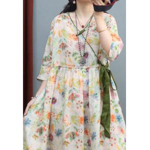 Qipao-Like Loose Ramie Floral Dress Side Tied Maxi Wrap Dress