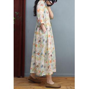 Qipao-Like Loose Ramie Floral Dress Side Tied Maxi Wrap Dress