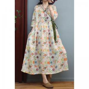 V Neck Ramie Floral Qipao Side Tied Maxi Wrap Dress