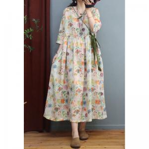 V Neck Ramie Floral Qipao Side Tied Maxi Wrap Dress