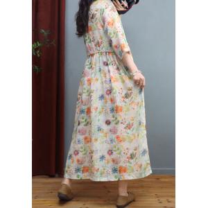 V Neck Ramie Floral Qipao Side Tied Maxi Wrap Dress