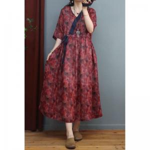 Geometric Patterns Ramie Beach Dress Loose Tie Waist Dress