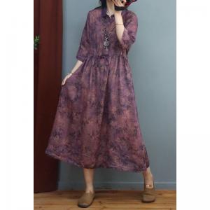 Tied Waist Floral Purple Dress Loose Ramie Polo Beach Dress