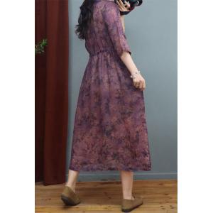 Tied Waist Floral Purple Dress Loose Ramie Polo Beach Dress