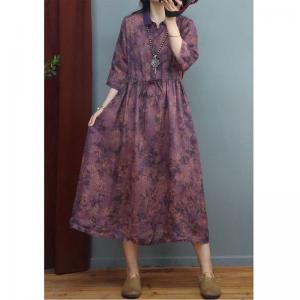Tied Waist Floral Purple Dress Loose Ramie Polo Beach Dress