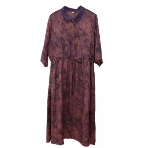 Tied Waist Floral Purple Dress Loose Ramie Polo Beach Dress