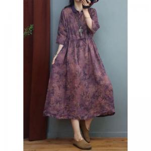 Tied Waist Floral Purple Dress Loose Ramie Polo Beach Dress