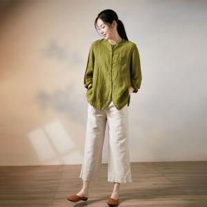 Crochet Lace Pockets Linen Blouse Long Sleeves Fall Shirt