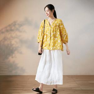 Summer Plus Size Floral Blouse Pleated Ramie Yellow Shirt
