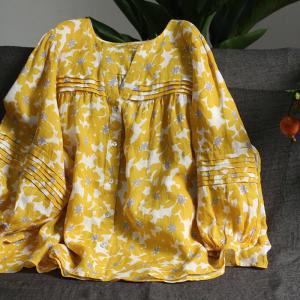 Summer Plus Size Floral Blouse Pleated Ramie Yellow Shirt