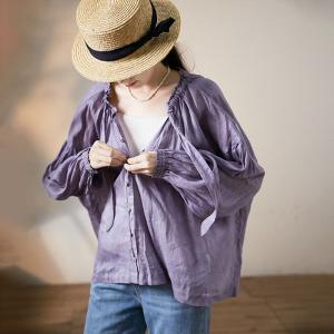 Breathable Purple Cardigan Long Sleeves Ramie Tied Beach Wear