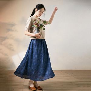 Organic Linen Blue A-Line Skirt Maxi Flax Loose Printed Skirt