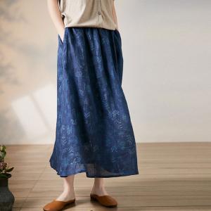 Organic Linen Blue A-Line Skirt Maxi Flax Loose Printed Skirt