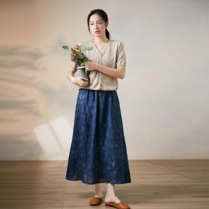 Organic Linen Blue A-Line Skirt Maxi Flax Loose Printed Skirt