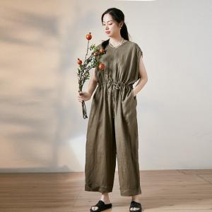 Plus Size Tied Waist Linen Jumpsuits Sleeveless Wide Leg Jumpsuits