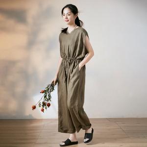 Plus Size Tied Waist Linen Jumpsuits Sleeveless Wide Leg Jumpsuits