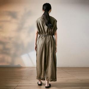 Plus Size Tied Waist Linen Jumpsuits Sleeveless Wide Leg Jumpsuits
