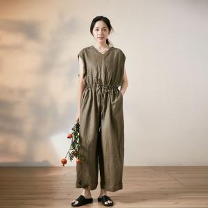 Plus Size Tied Waist Linen Jumpsuits Sleeveless Wide Leg Jumpsuits