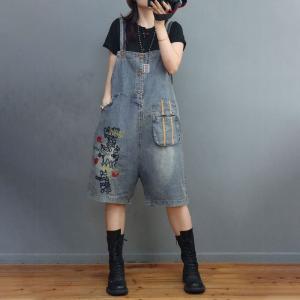 Fashion Letter Embroidery Jorts Stone Wash Overall Shorts