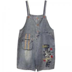 Fashion Letter Embroidery Jorts Stone Wash Overall Shorts