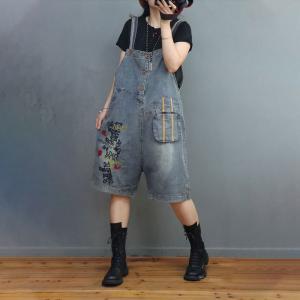 Fashion Letter Embroidery Jorts Stone Wash Overall Shorts