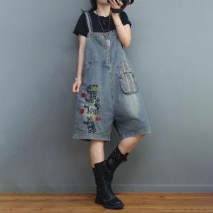 Fashion Letter Embroidery Jorts Stone Wash Overall Shorts