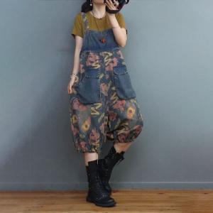 Flowers Patterned Overall Shorts Balloon Jean Overalls