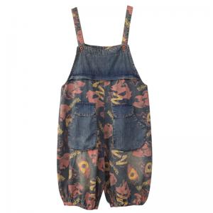 Flowers Patterned Overall Shorts Balloon Jean Overalls