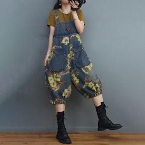 Flowers Patterned Overall Shorts Balloon Jean Overalls