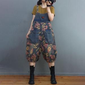 Flowers Patterned Overall Shorts Balloon Jean Overalls