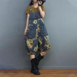 Flowers Patterned Overall Shorts Balloon Jean Overalls