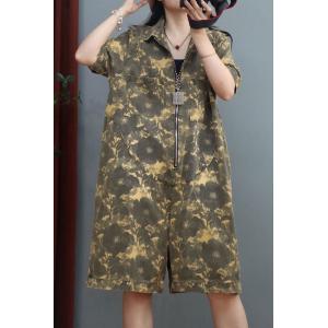 Polo Neck Front Zip Short Jumpsuits Wide Leg Printed Coveralls