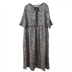 Lace Up Collar Ramie Floral Dress Ruffle Waist Beach Dress