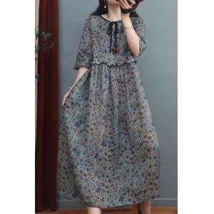 Lace Up Collar Ramie Floral Dress Ruffle Waist Beach Dress