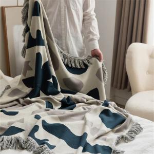Tassel Hem Abstract Graphic Throw Cotton Knitting Cozy Blanket