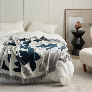 Tassel Hem Abstract Graphic Throw Cotton Knitting Cozy Blanket