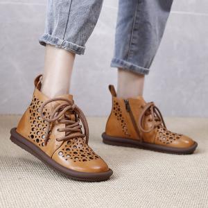 Lace Up Cowhide Leather Martin Boots Holes Wedge Boots