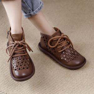 Lace Up Cowhide Leather Martin Boots Holes Wedge Boots