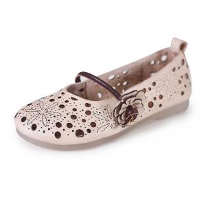 Flowers Strap Breathable Mom Shoes Hollow Out Leather Flats