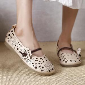 Flowers Strap Breathable Mom Shoes Hollow Out Leather Flats