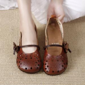 Flowers Strap Breathable Mom Shoes Hollow Out Leather Flats