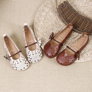 Flowers Strap Breathable Mom Shoes Hollow Out Leather Flats